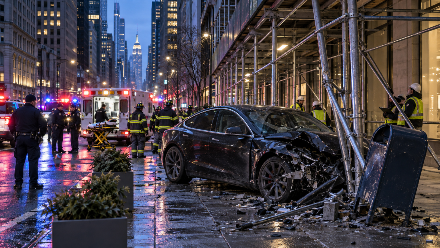 Passenger Dies After Car Crashes into Scaffolding in Midtown Manhattan
